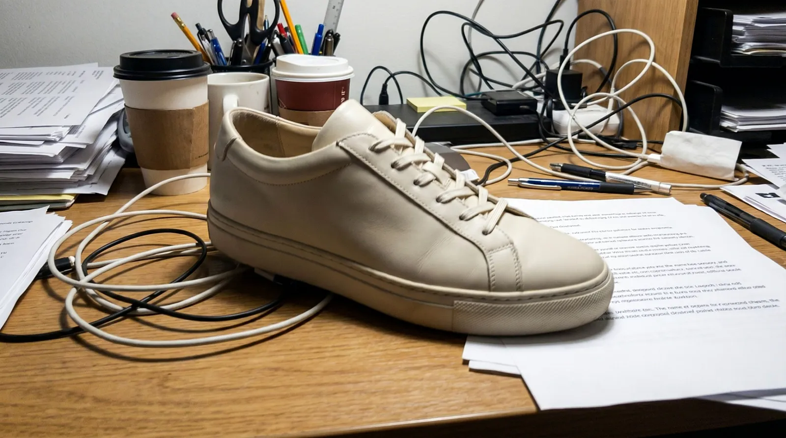 Rodet skrivebord med en cremefarvet sneaker — udgangspunktet før AI-transformationen
